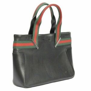 Gucci Bag Denim/Leather Sherry Line Black W/ Red/Green Leather/Denim Tote.